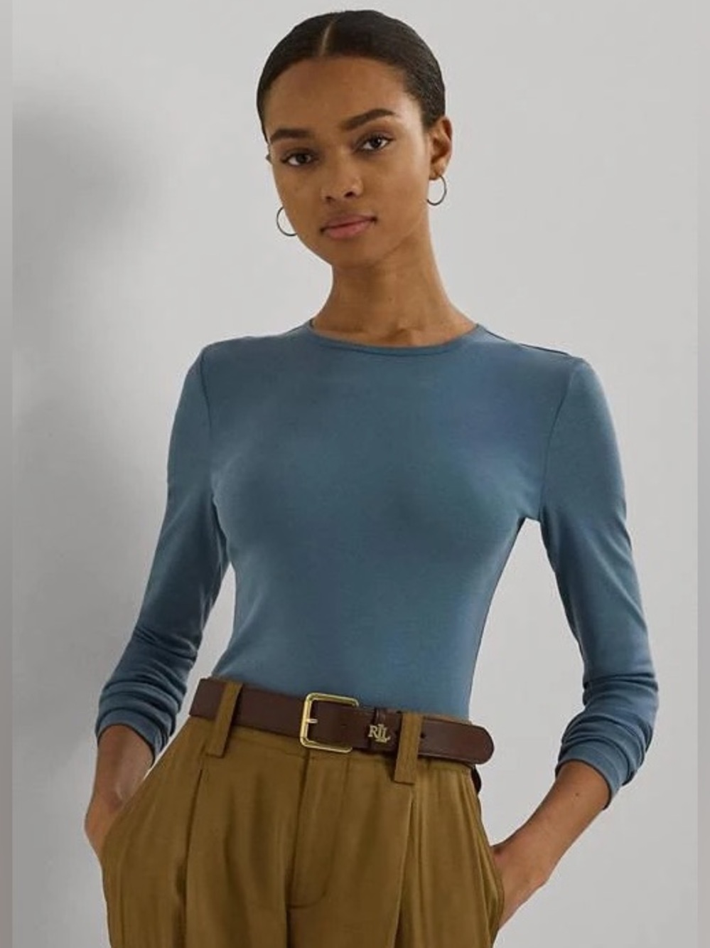 Ralph Lauren Classic Long-Sleeve Crew Neck Top in Dusty Blue Size M